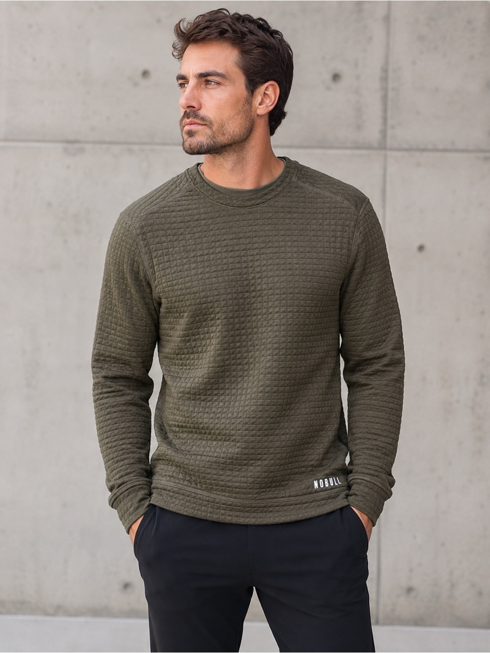 NOBULL Men’s Quilted Crew Pullover Olive Green Athletic Sweatshirt Size Medium